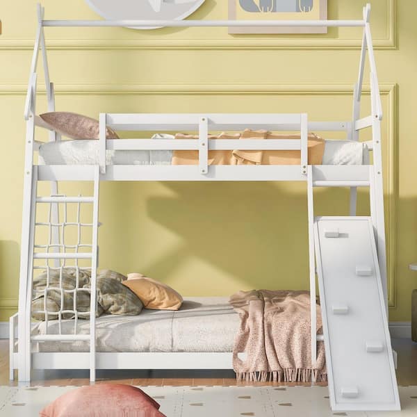 White Twin over Queen House Bunk Bed with Climbing Nets and Ramp