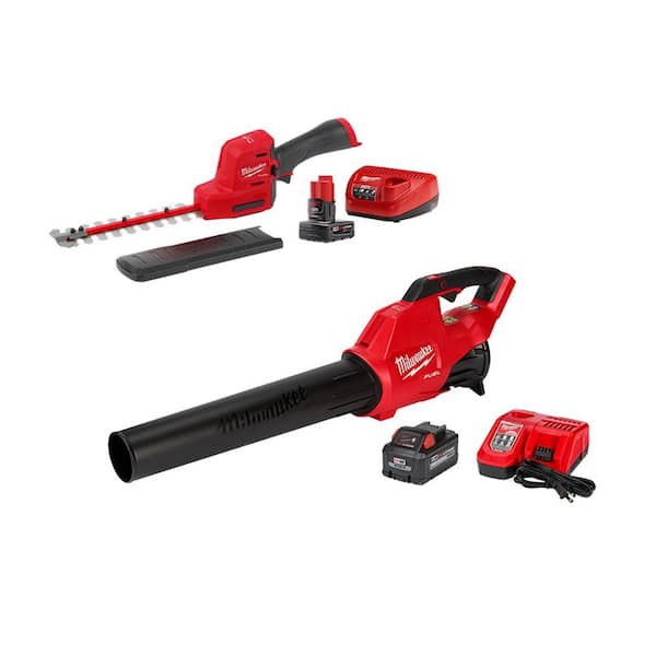 Milwaukee M12 FUEL 8 in. 12V Lithium-Ion Brushless Cordless Hedge Trimmer Kit and M18 FUEL 120 MPH 450 CFM Blower Combo Kit