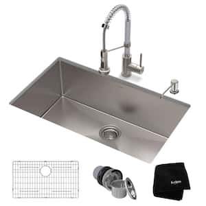 Standart PRO 32 in. Undermount Single Bowl 16 Gauge Stainless Steel Kitchen Sink with Faucet in Stainless Steel Chrome