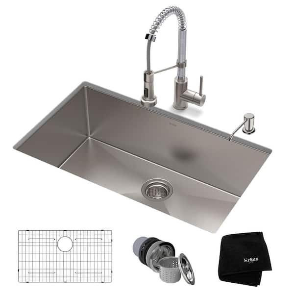 KRAUS Standart PRO 32 in. Undermount Single Bowl 16 Gauge Stainless Steel Kitchen Sink with Faucet in Stainless Steel Chrome