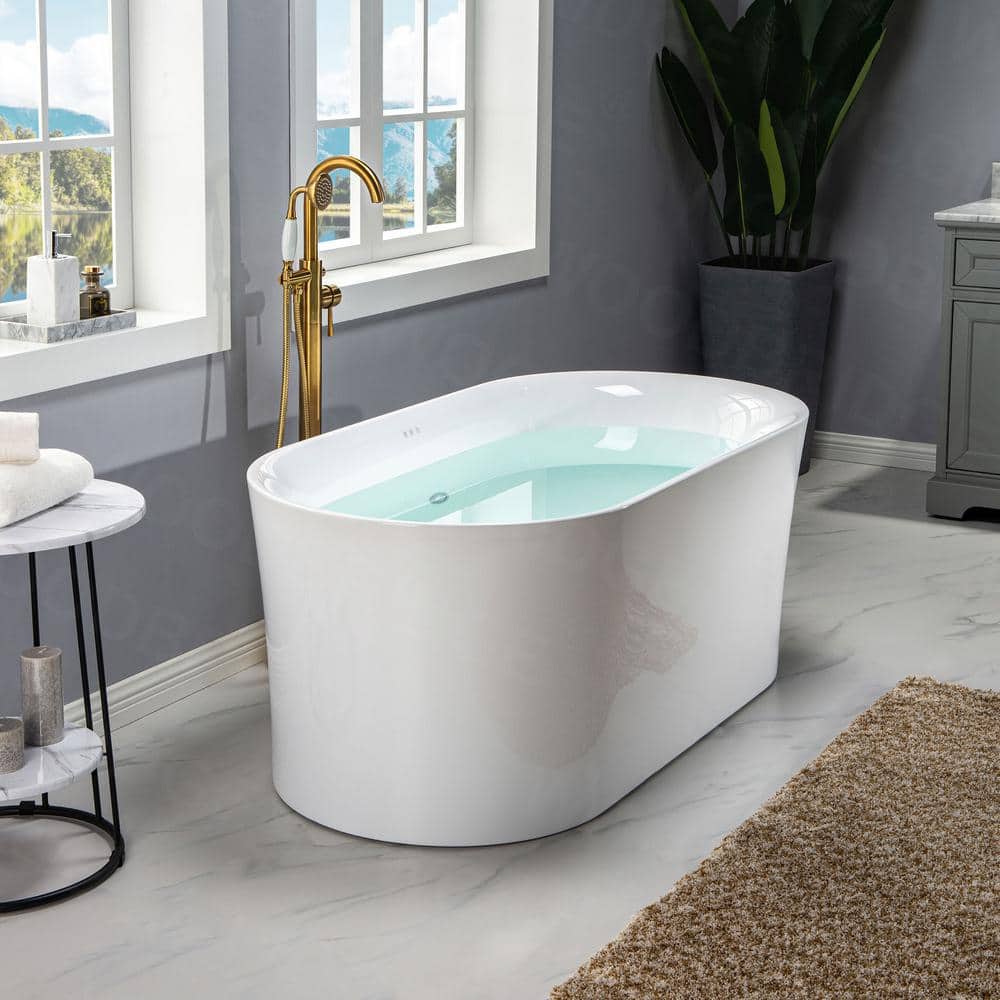 67'' White Acrylic Freestanding Air Soaking Bathtub with Brushed Gold Trim