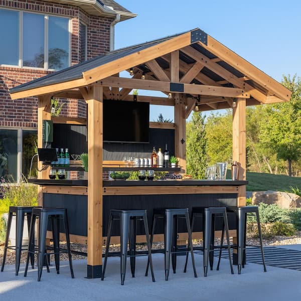 Palisade 9 ft. x 6 ft. Cedar Wood Outdoor Bar Gazebo Pergola with Galvanized Steel Roof, Bar Tops, and PowerPort