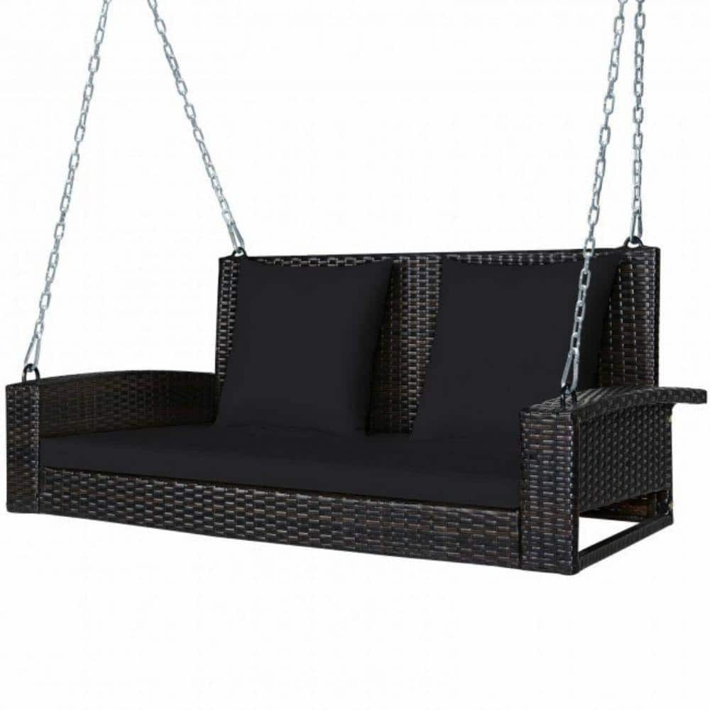 Afoxsos 50 in. 2-Person Black Rattan Wicker Porch Swing Patio Swing ...