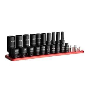 1/4 in. Drive SAE 6-Point Shallow and Deep Impact Socket Set with Billet Aluminum Socket Rail (20-Piece)