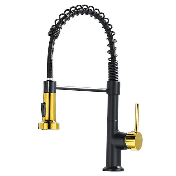 Aosspy Single Handle Pull Down Sprayer Kitchen Faucet in Matte Black and Gold