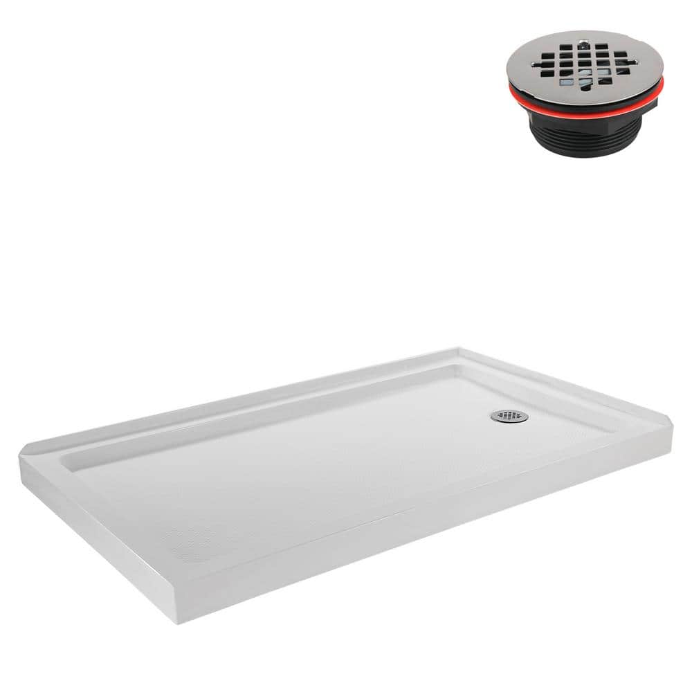 Glossy White Rectangular Acrylic Shower Base with Round Drain