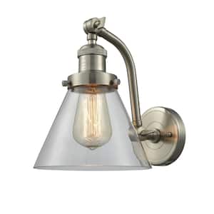 Cone 8 in. 1-Light Brushed Satin Nickel Wall Sconce with Clear Glass Shade
