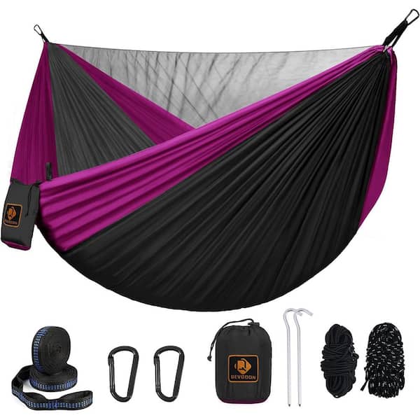 Unbranded 9.5 ft. Camping Portable Lightweight Nylon Parachute Hammocks with Mosquito Net and 10 ft. Tree Straps in Black/Pink