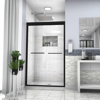 49 in. W x 76 in. H Bypass Sliding Semi-Frameless Shower Door/Enclosure in Matte Black with Clear Glass