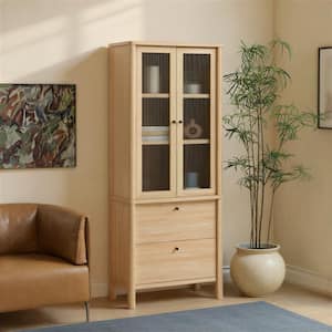 Penelope 74 in. Tall Coastal Oak Modern MDF 3-Shelf Fluted Glass Bookcase Cabinet with Drawers