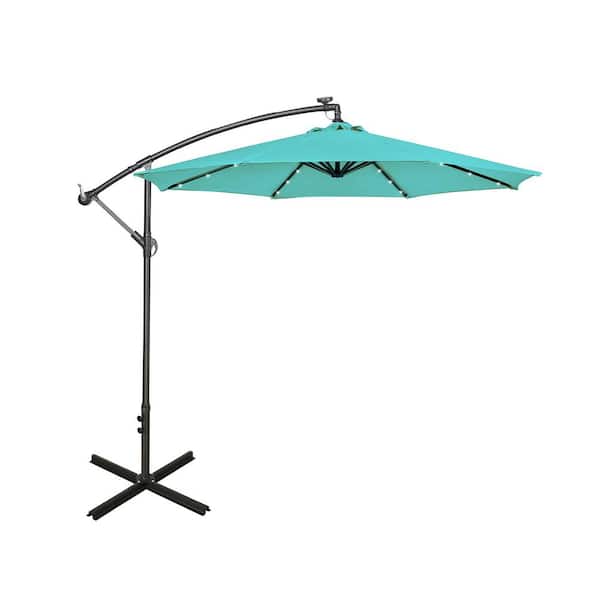 WESTIN OUTDOOR Bayshore 10 ft. Outdoor Patio Crank Lift LED Solar Powered Offset Cantilever Umbrella with Cross Base in Turquoise