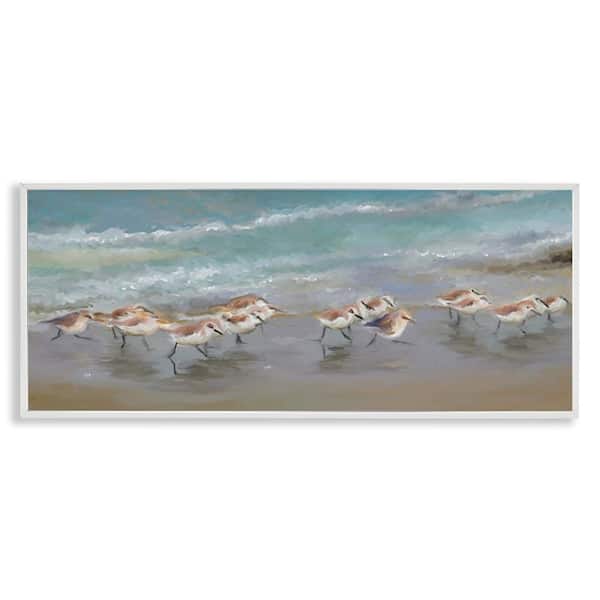 Sandpiper Flock Shoreline Splashing by Rick Novak White Framed Giclee Art Print Coastal 13 in. x 30 in.