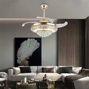 42 in. Gold Modern Luxury Crystal Indoor Integrated LED 3-Speed Retractable Blades Ceiling Fan with Remote