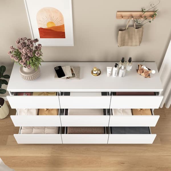 Bex Modern White 9 Drawers 63 in. Wide Wood Dresser Chest of Drawers, No Handle Design