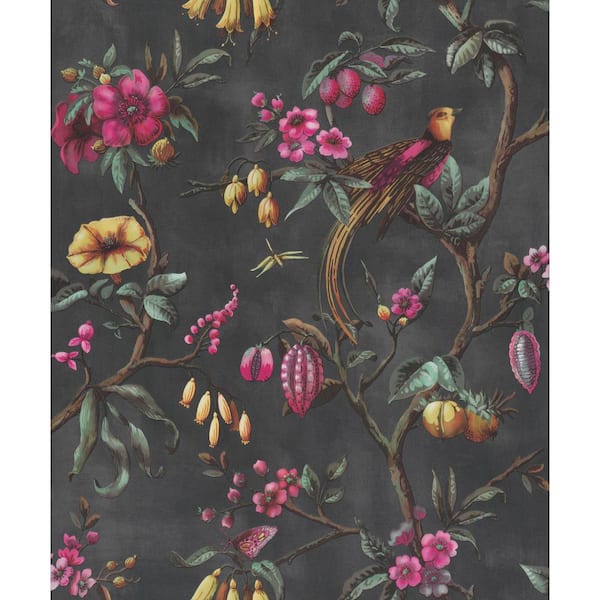 Walls Republic Tropical Floral Branches Wallpaper Charcoal Paper Strippable Roll (Covers 57 Sq. ft.), Grey