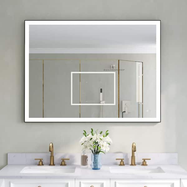 48 in. W x 36 in. H Rectangular Framed Wall LED Bathroom Vanity Mirror in Matte Black, Dimmable, Anti-fog, IP44