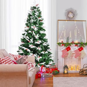 7 ft. Artificial Christmas Tree Snow Flocked Hinged Artificial Xmas Tree with Red Berries