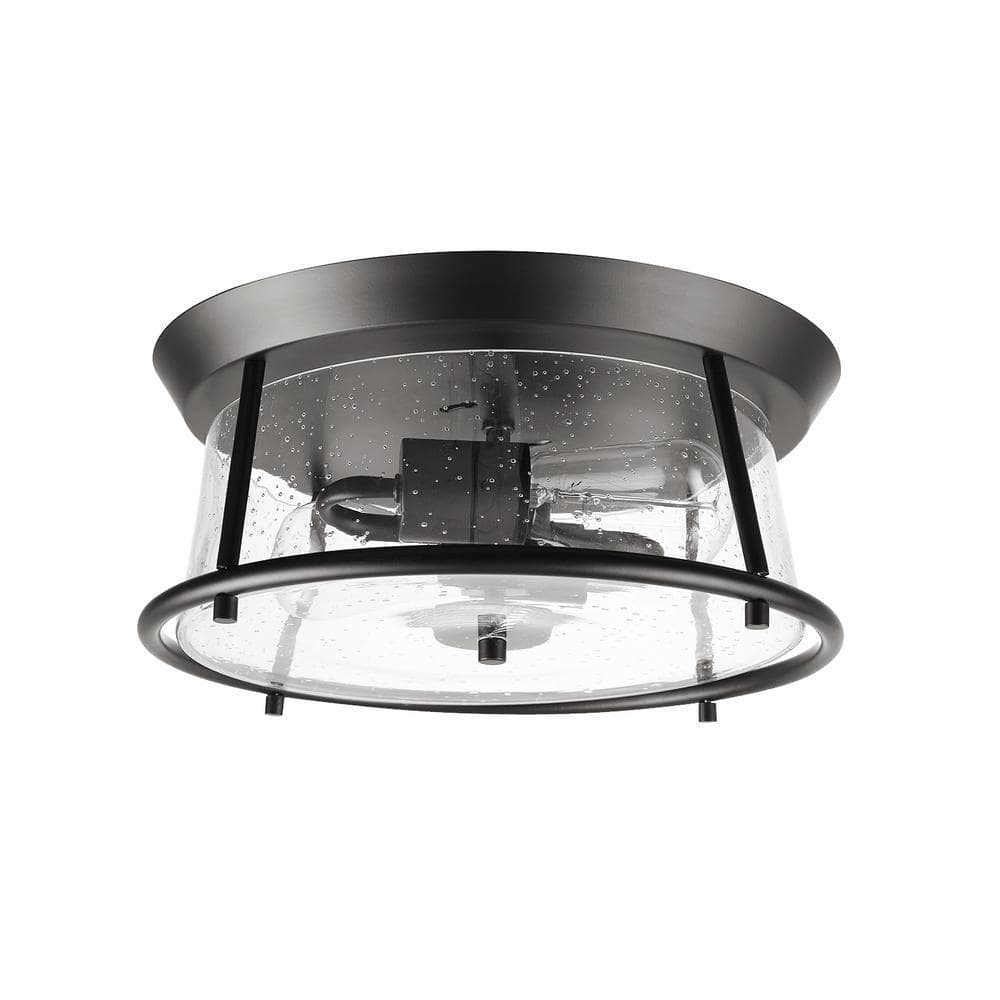 Donny 12.75 in. 2-Light Dark Bronze Flush Mount with Seeded Glass Shade, Li