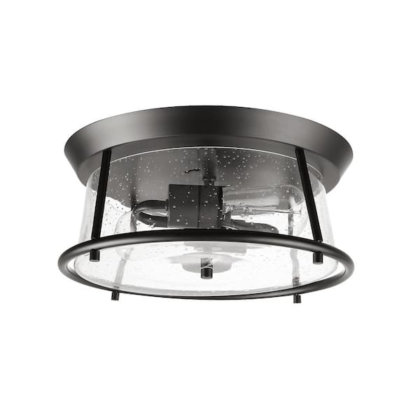 Globe Electric Donny 12.75 in. 2-Light Dark Bronze Flush Mount with Seeded Glass Shade, Light Bulbs Included