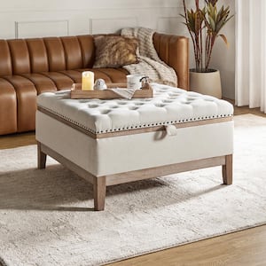 Georgie Modern Ivory Polyester Upholstered Storage Cocktail Ottoman with Nailhead Trims and Solid Wood Legs