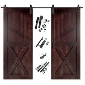 42 in. x 84 in. X-Frame Red Mahogany Double Pine Wood Interior Sliding Barn Door with Hardware Kit, Non-Bypass