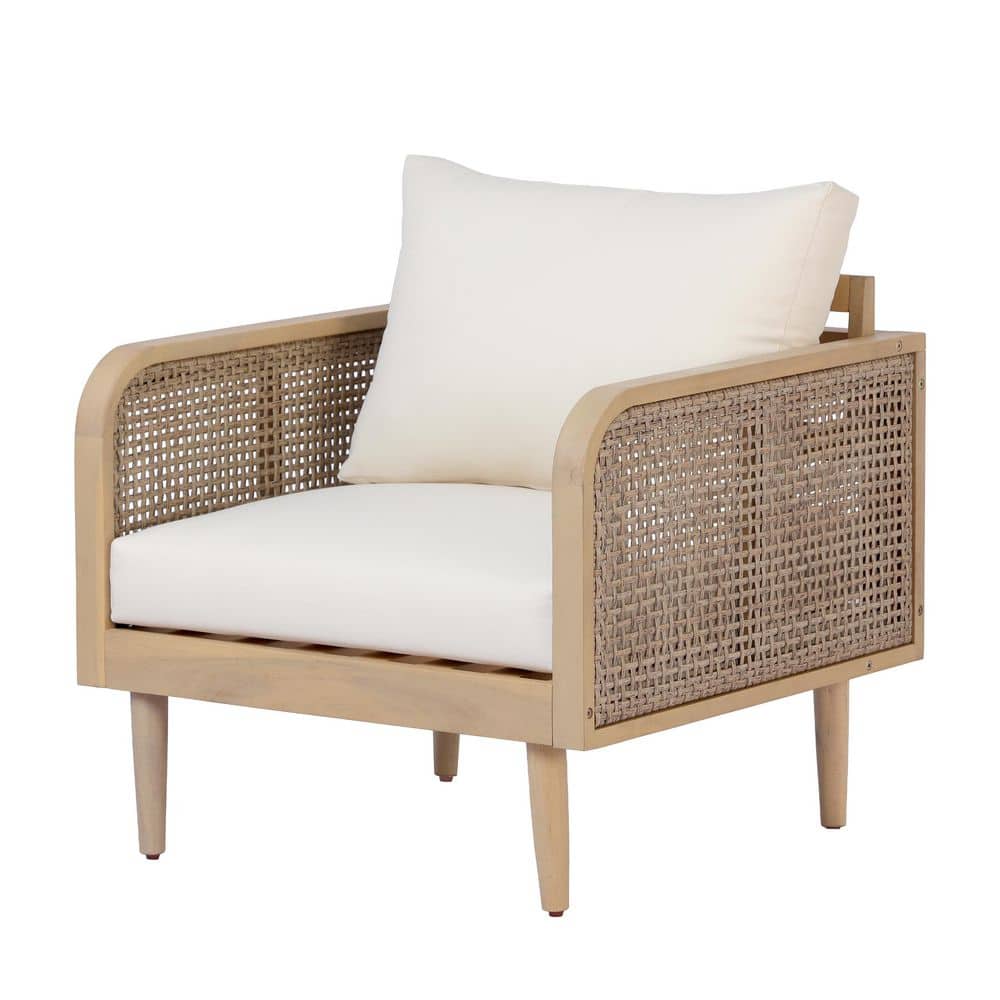 Feylor Teak Finish Solid Wood Outdoor Patio Lounge Chair with Cream Cushions, Woven Rattan Armrests Club Chair (1-Pack) price history on PriceWatchPro