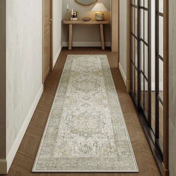 Kaponi Green Brown 2 ft. x 8 ft. Vintage Washable Medallion Distressed Runner Rug