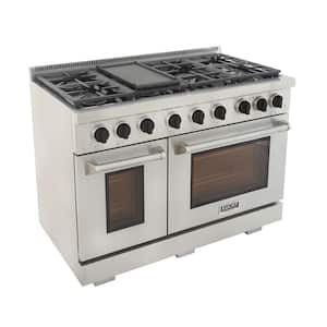 Pro-Style 48 in. 6.7 cu. ft. Double Oven Gas Range with 25K Power Burner in Stainless Steel and Black Knobs