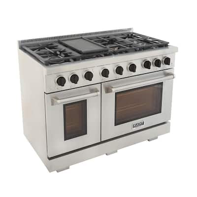 Pro-Style 48 in. 6.7 cu. ft. Double Oven Gas Range LP Ready with 25K Power Burner in Stainless Steel and Black Knobs