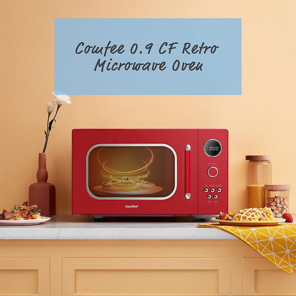 Retro Red Small 0.9 cu ft Countertop Microwave with LED Display