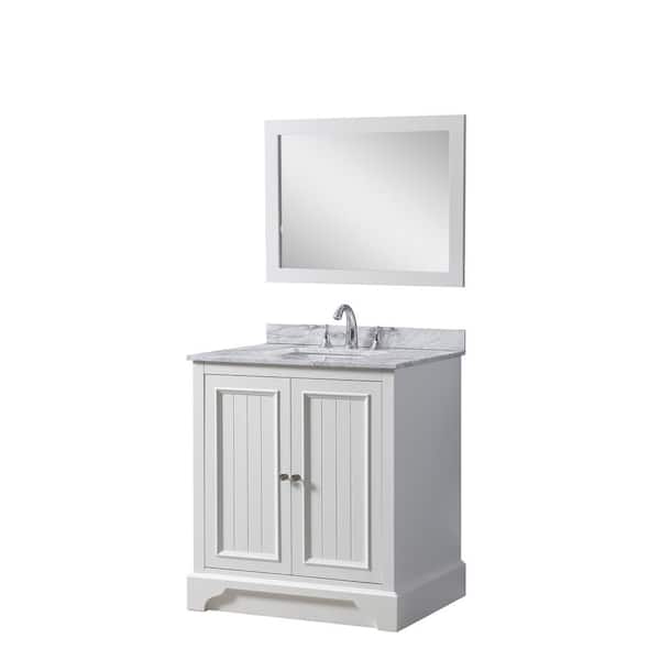 Direct vanity sink 32 in. W x 25 in. D x 36 in. H Single Sink Freestanding Bath Vanity in White with White Carrara Marble Top and Mirror