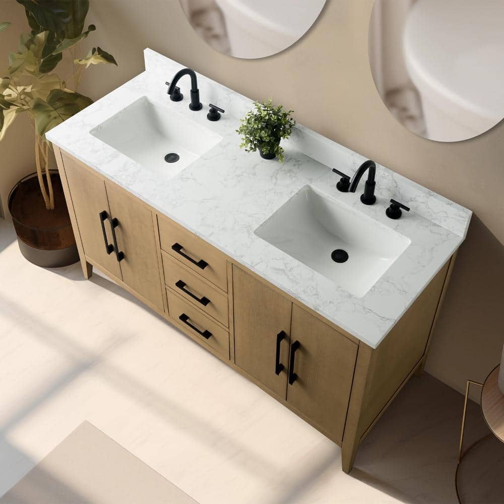 60" Natural Oak Double Sink Bathroom Vanity with Marble Top