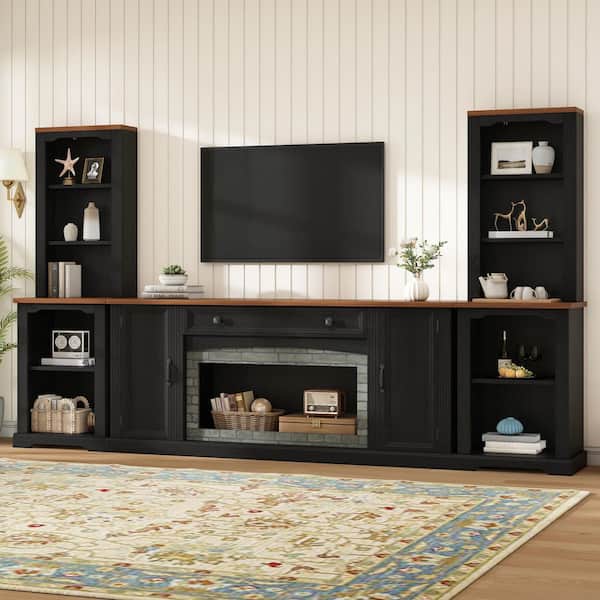 Delvon Rustic 3-Piece Black TV Stand Set Entertainment Center Fits TV's up to 70 in. with Side Cabinets Bookshelves
