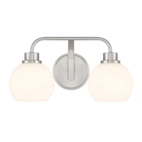 TUXEDO PARK LIGHTING 16 in. W x 8.25 in. H 2-Light Brushed Nickel Contemporary Bathroom Vanity Light with White Opal Glass Shades