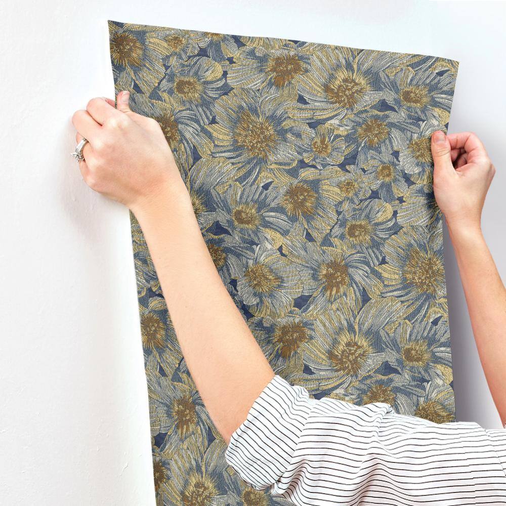 Blue and Gold Floral Removable Washable Wallpaper