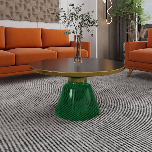 Leisuremod 30 in. Round Coffee Table Glass Tabletop with Gold Iron Rim Frame and Glass Pedestal Base in Green/Black
