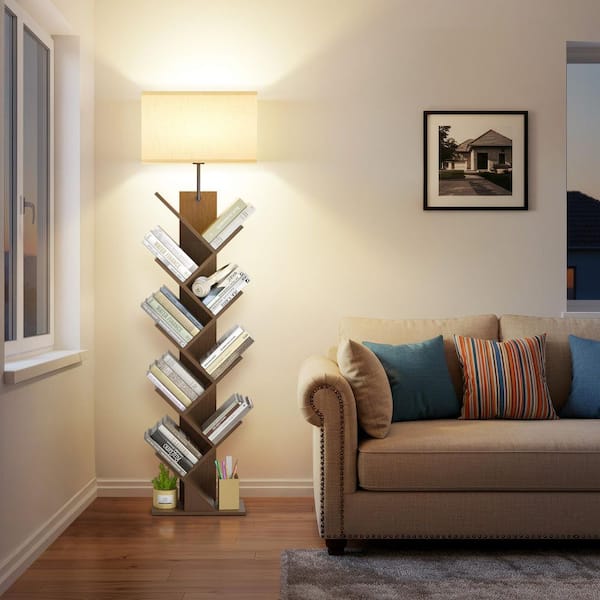 BICIK 60 in. Walnut Standard 1-Light Dimmable Tree Shape Bookshelf Floor Lamp with Color Temperature and Linen Shade
