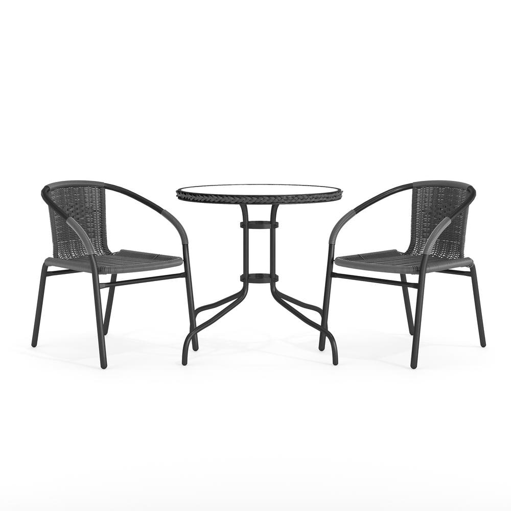3-Piece Glass Round Outdoor Bistro Set in Clear Top/Gray Rattan price history on PriceWatchPro