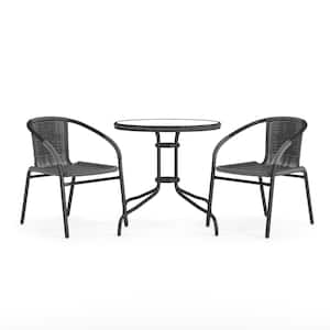 3-Piece Glass Round Outdoor Bistro Set in Clear Top/Gray Rattan