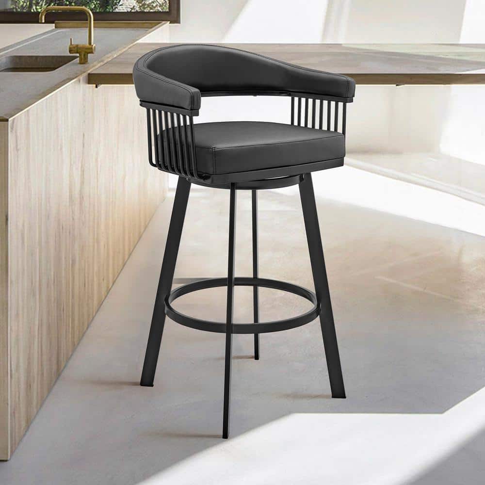 Bronson 30 in. Bar Height Low Back Swivel Bar Stool in Black and Black Faux