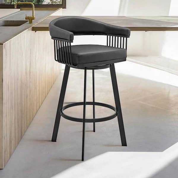 Armen Living Bronson 30 in. Bar Height Low Back Swivel Bar Stool in Black and Black Faux Leather