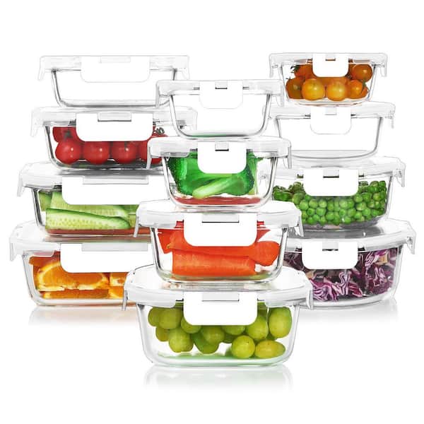 24-Piece White Borosilicate Glass Airtight Food Storage Containers Set with Lids for Meal Prep, Microwave, Oven Safe