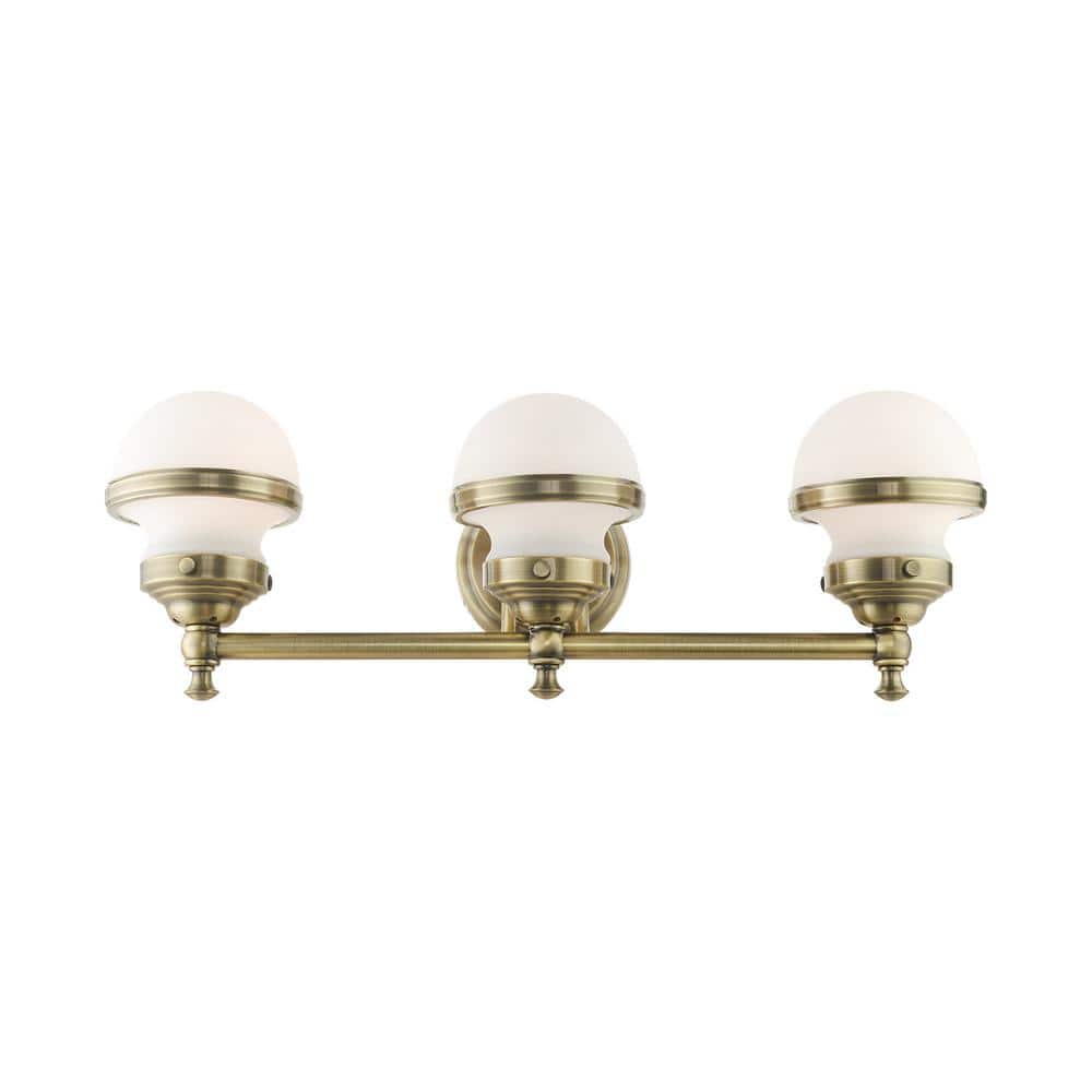 Antique Brass 3-Light Vanity with Hand Blown Satin Opal White Glass