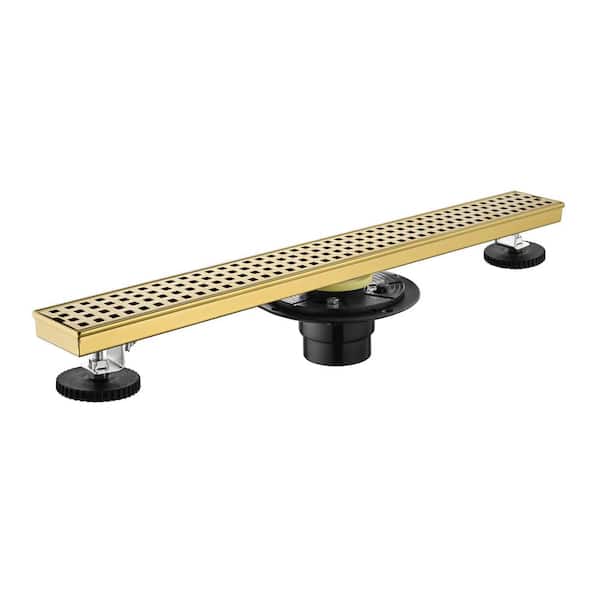 Tahanbath 24 in. Square Shower Floor Drain with Flange, Pattern Grate Removable in Brushed Gold