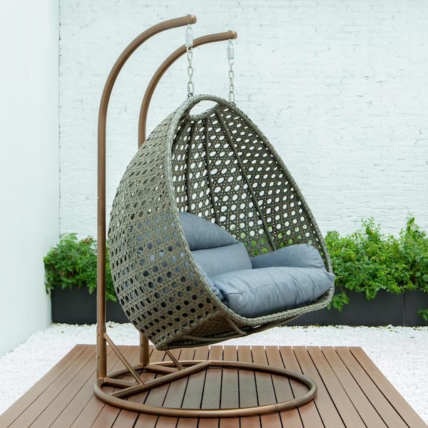 LeisureMod Wicker 2 Person Hanging Egg Swing Chair With Cushion Indoor  Outdoor Use in Charcoal Blue 