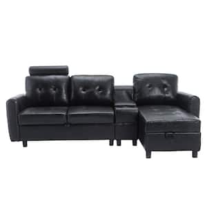 89 in. Square Arm 3-Piece Faux Leather L-Shaped Sectional Sofa in Black with Chaise