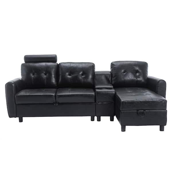 HOMEFUN 89 in. Square Arm 3-Piece Faux Leather L-Shaped Sectional Sofa in Black with Chaise