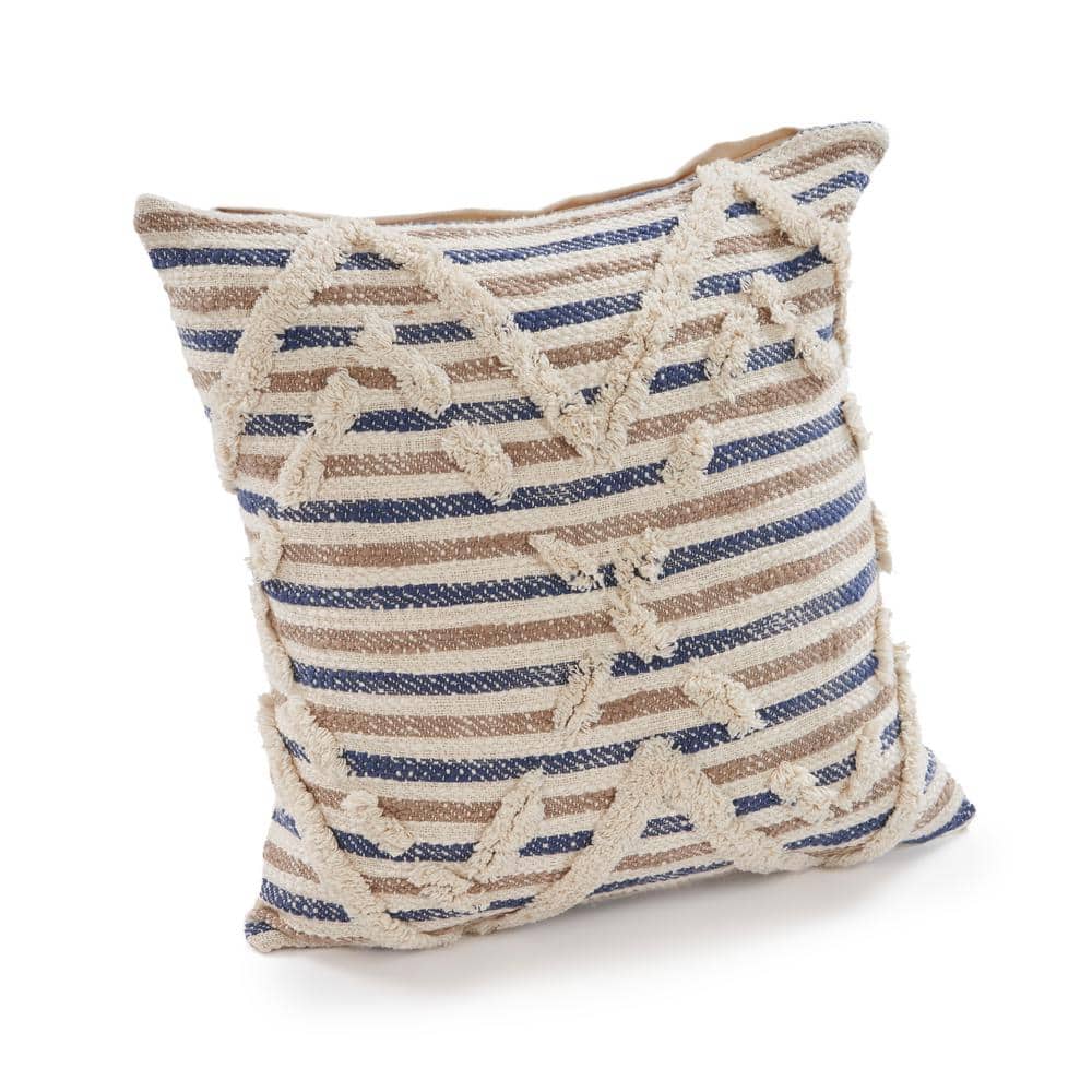 Oscar Blue and Natural Cotton Diamond Tufted Throw Pillow Set, 18" x 18"