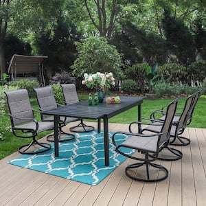 Black 7-Piece Metal Outdoor Patio Dining Set with Extendable Table and Padded Textilene Swivel Chairs