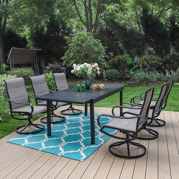 Black 7-Piece Metal Outdoor Patio Dining Set with Extendable Table and Padded Textilene Swivel Chairs